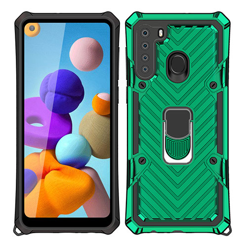 Silicone Matte Finish and Plastic Back Cover Case with Magnetic Finger Ring Stand S02 for Samsung Galaxy A21 Green