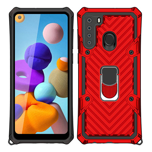 Silicone Matte Finish and Plastic Back Cover Case with Magnetic Finger Ring Stand S02 for Samsung Galaxy A21 Red