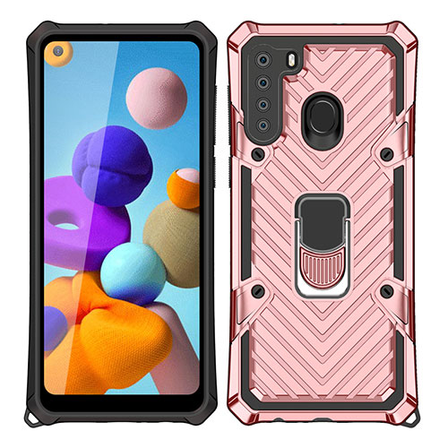 Silicone Matte Finish and Plastic Back Cover Case with Magnetic Finger Ring Stand S02 for Samsung Galaxy A21 Rose Gold