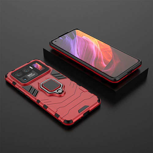 Silicone Matte Finish and Plastic Back Cover Case with Magnetic Finger Ring Stand S02 for Xiaomi Mi 11 Ultra 5G Red