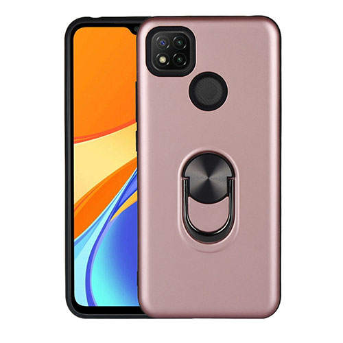 Silicone Matte Finish and Plastic Back Cover Case with Magnetic Finger Ring Stand S02 for Xiaomi Redmi 9C NFC Rose Gold