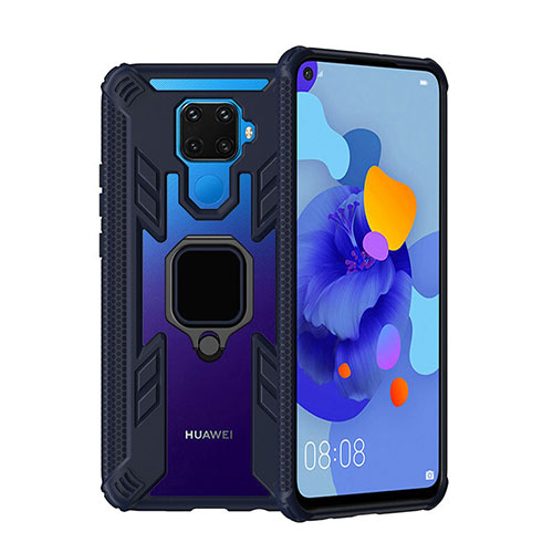 Silicone Matte Finish and Plastic Back Cover Case with Magnetic Finger Ring Stand S03 for Huawei Mate 30 Lite Blue