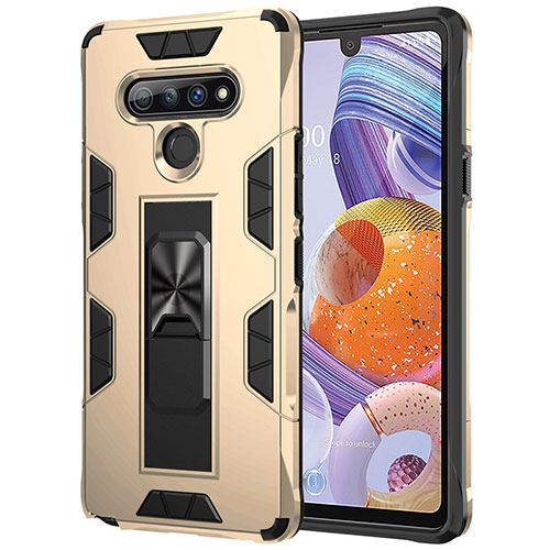 Silicone Matte Finish and Plastic Back Cover Case with Magnetic Finger Ring Stand S03 for LG Stylo 6 Gold