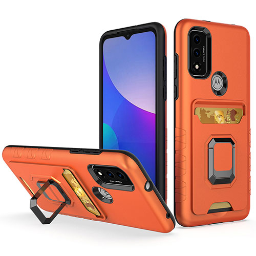 Silicone Matte Finish and Plastic Back Cover Case with Magnetic Finger Ring Stand S03 for Motorola Moto G Pure Orange