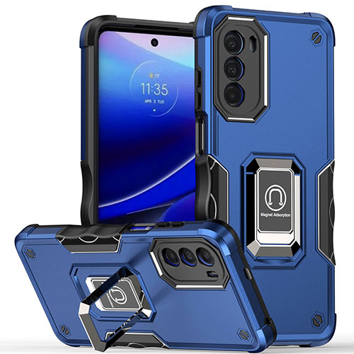 Silicone Matte Finish and Plastic Back Cover Case with Magnetic Finger Ring Stand S03 for Motorola Moto G71s 5G Blue