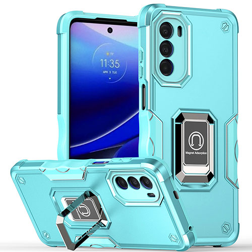 Silicone Matte Finish and Plastic Back Cover Case with Magnetic Finger Ring Stand S03 for Motorola Moto G71s 5G Cyan