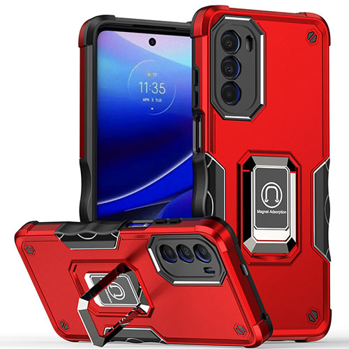 Silicone Matte Finish and Plastic Back Cover Case with Magnetic Finger Ring Stand S03 for Motorola Moto G82 5G Red