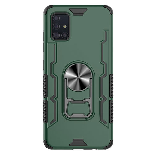 Silicone Matte Finish and Plastic Back Cover Case with Magnetic Finger Ring Stand S03 for Samsung Galaxy A51 5G Green