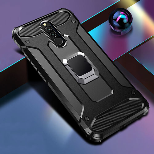 Silicone Matte Finish and Plastic Back Cover Case with Magnetic Finger Ring Stand S03 for Xiaomi Redmi 8 Black