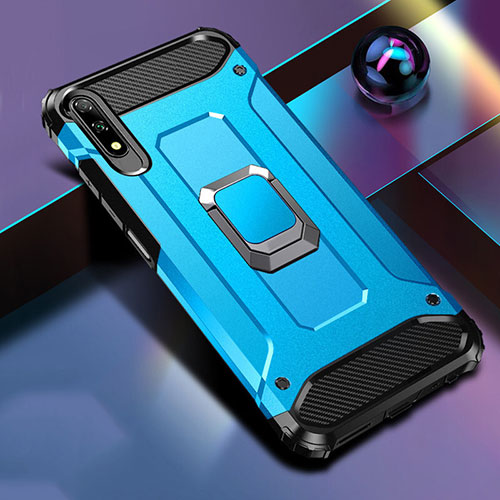 Silicone Matte Finish and Plastic Back Cover Case with Magnetic Finger Ring Stand S04 for Huawei Honor 9X Sky Blue
