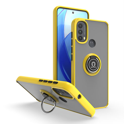 Silicone Matte Finish and Plastic Back Cover Case with Magnetic Finger Ring Stand S04 for Motorola Moto E30 Yellow