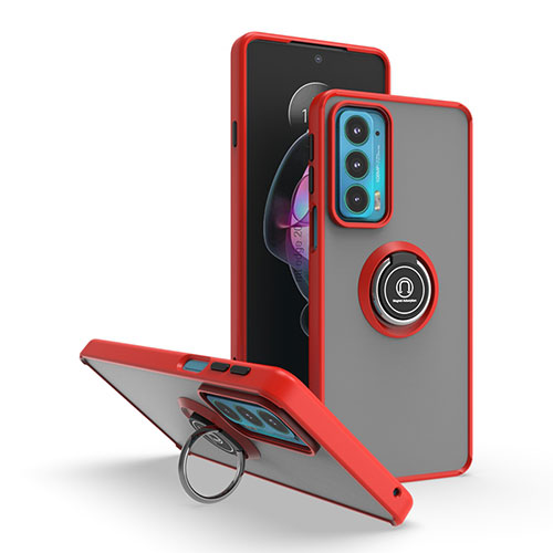 Silicone Matte Finish and Plastic Back Cover Case with Magnetic Finger Ring Stand S04 for Motorola Moto Edge 20 5G Red