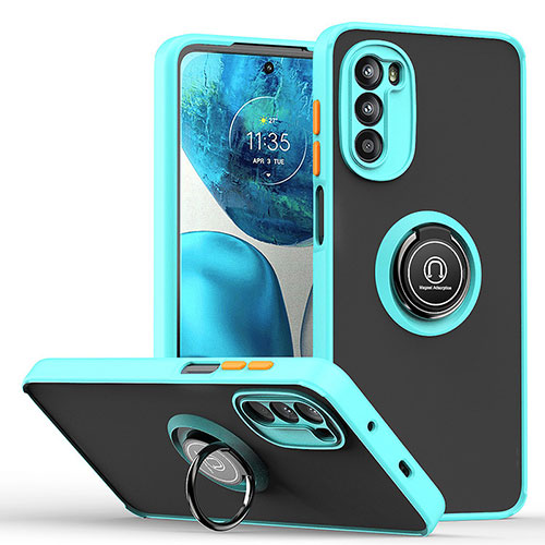 Silicone Matte Finish and Plastic Back Cover Case with Magnetic Finger Ring Stand S04 for Motorola Moto Edge (2022) 5G Cyan