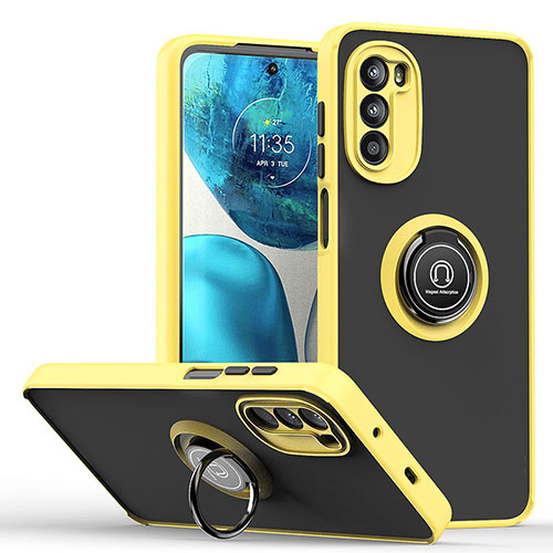 Silicone Matte Finish and Plastic Back Cover Case with Magnetic Finger Ring Stand S04 for Motorola Moto Edge (2022) 5G Yellow