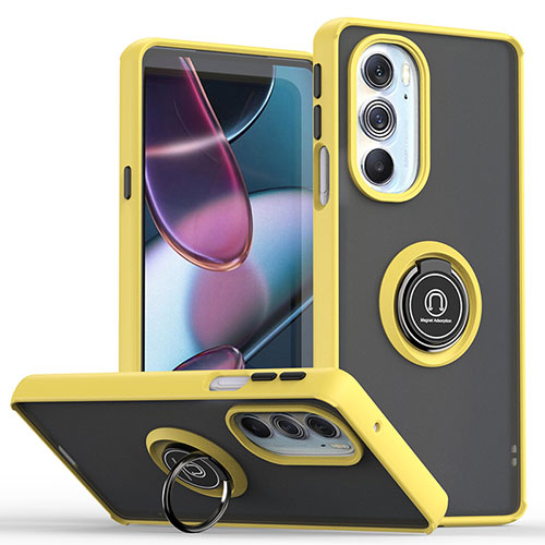 Silicone Matte Finish and Plastic Back Cover Case with Magnetic Finger Ring Stand S04 for Motorola Moto Edge 30 Pro 5G Yellow