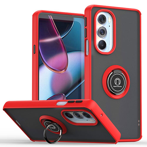 Silicone Matte Finish and Plastic Back Cover Case with Magnetic Finger Ring Stand S04 for Motorola Moto Edge X30 5G Red