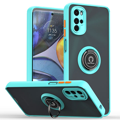 Silicone Matte Finish and Plastic Back Cover Case with Magnetic Finger Ring Stand S04 for Motorola Moto G22 Cyan