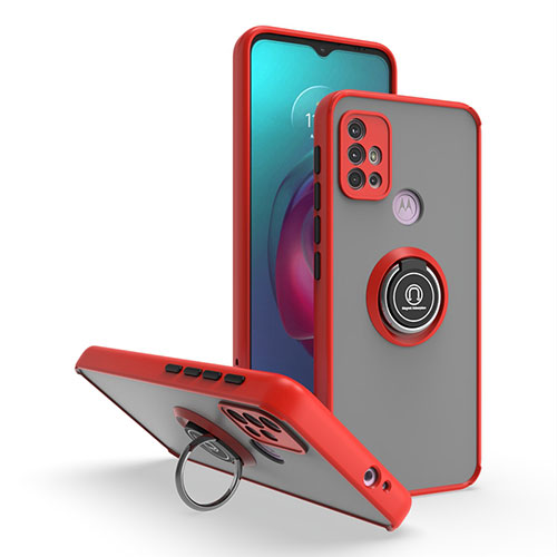 Silicone Matte Finish and Plastic Back Cover Case with Magnetic Finger Ring Stand S04 for Motorola Moto G30 Red