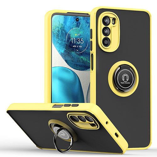 Silicone Matte Finish and Plastic Back Cover Case with Magnetic Finger Ring Stand S04 for Motorola MOTO G52 Yellow