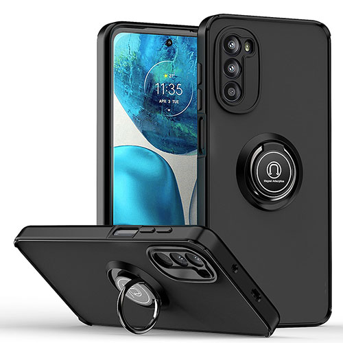 Silicone Matte Finish and Plastic Back Cover Case with Magnetic Finger Ring Stand S04 for Motorola Moto G71s 5G Black