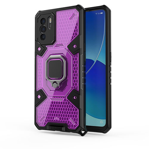 Silicone Matte Finish and Plastic Back Cover Case with Magnetic Finger Ring Stand S04 for Oppo Reno6 Z 5G Purple