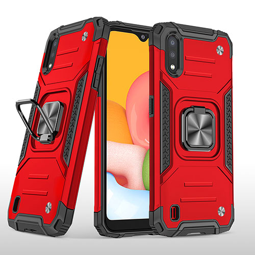 Silicone Matte Finish and Plastic Back Cover Case with Magnetic Finger Ring Stand S04 for Samsung Galaxy A01 SM-A015 Red