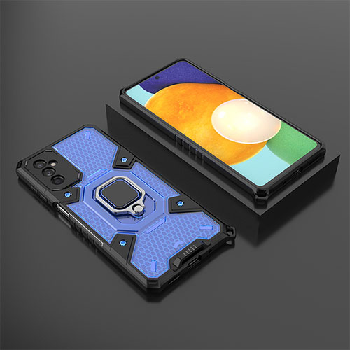 Silicone Matte Finish and Plastic Back Cover Case with Magnetic Finger Ring Stand S04 for Samsung Galaxy M52 5G Blue
