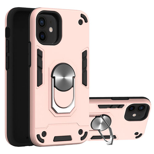 Silicone Matte Finish and Plastic Back Cover Case with Magnetic Finger Ring Stand S05 for Apple iPhone 12 Mini Rose Gold