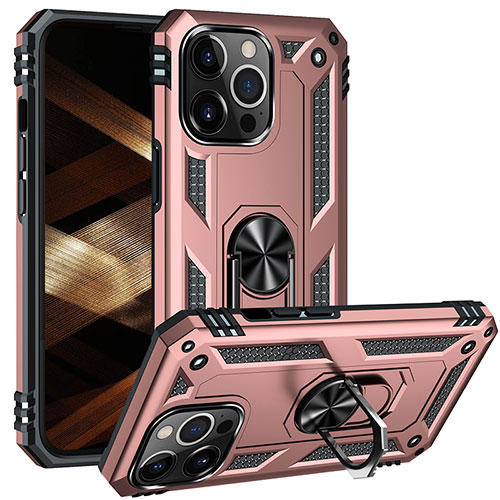 Silicone Matte Finish and Plastic Back Cover Case with Magnetic Finger Ring Stand S05 for Apple iPhone 14 Pro Max Rose Gold