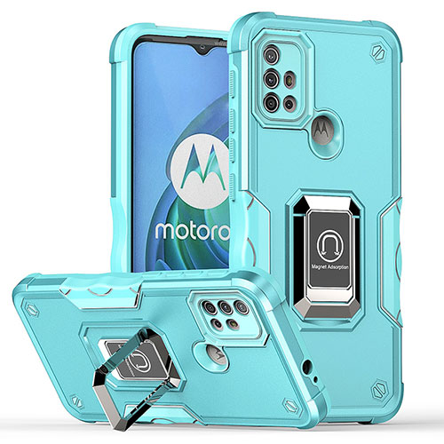 Silicone Matte Finish and Plastic Back Cover Case with Magnetic Finger Ring Stand S05 for Motorola Moto G10 Cyan