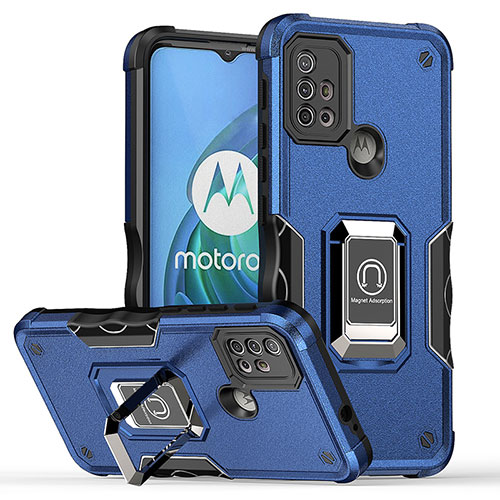 Silicone Matte Finish and Plastic Back Cover Case with Magnetic Finger Ring Stand S05 for Motorola Moto G20 Blue