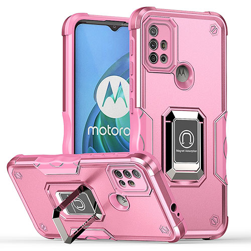 Silicone Matte Finish and Plastic Back Cover Case with Magnetic Finger Ring Stand S05 for Motorola Moto G20 Hot Pink