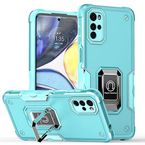 Silicone Matte Finish and Plastic Back Cover Case with Magnetic Finger Ring Stand S05 for Motorola Moto G22 Cyan