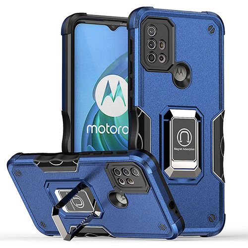 Silicone Matte Finish and Plastic Back Cover Case with Magnetic Finger Ring Stand S05 for Motorola Moto G30 Blue