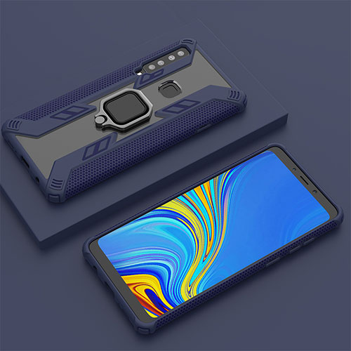 Silicone Matte Finish and Plastic Back Cover Case with Magnetic Finger Ring Stand S05 for Samsung Galaxy A9 (2018) A920 Blue