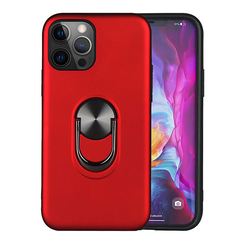 Silicone Matte Finish and Plastic Back Cover Case with Magnetic Finger Ring Stand S06 for Apple iPhone 12 Pro Red