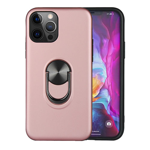 Silicone Matte Finish and Plastic Back Cover Case with Magnetic Finger Ring Stand S06 for Apple iPhone 12 Pro Rose Gold