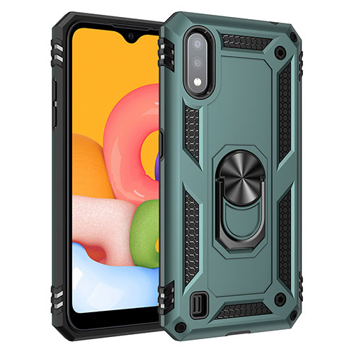 Silicone Matte Finish and Plastic Back Cover Case with Magnetic Finger Ring Stand S06 for Samsung Galaxy A01 SM-A015 Green