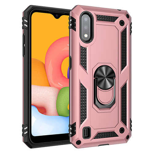 Silicone Matte Finish and Plastic Back Cover Case with Magnetic Finger Ring Stand S06 for Samsung Galaxy A01 SM-A015 Rose Gold