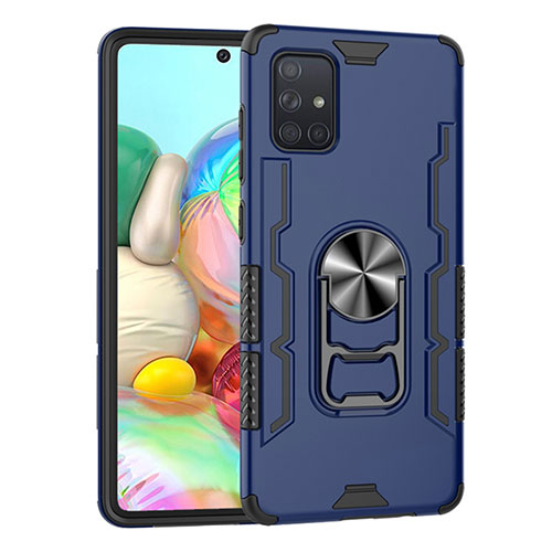 Silicone Matte Finish and Plastic Back Cover Case with Magnetic Finger Ring Stand S06 for Samsung Galaxy A71 5G Blue