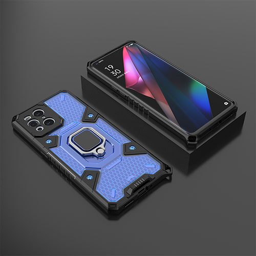 Silicone Matte Finish and Plastic Back Cover Case with Magnetic Finger Ring Stand S07 for Oppo Find X3 Pro 5G Blue