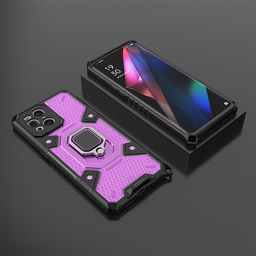 Silicone Matte Finish and Plastic Back Cover Case with Magnetic Finger Ring Stand S07 for Oppo Find X3 Pro 5G Purple