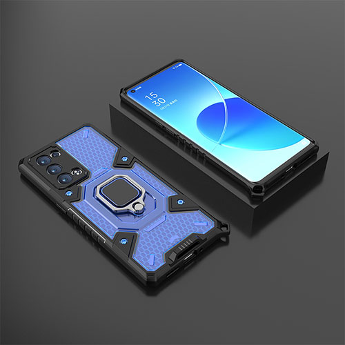 Silicone Matte Finish and Plastic Back Cover Case with Magnetic Finger Ring Stand S07 for Oppo Reno6 Pro 5G Blue