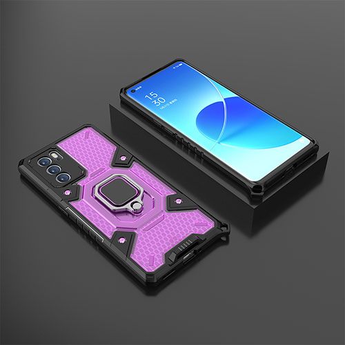 Silicone Matte Finish and Plastic Back Cover Case with Magnetic Finger Ring Stand S07 for Oppo Reno6 Pro 5G India Purple