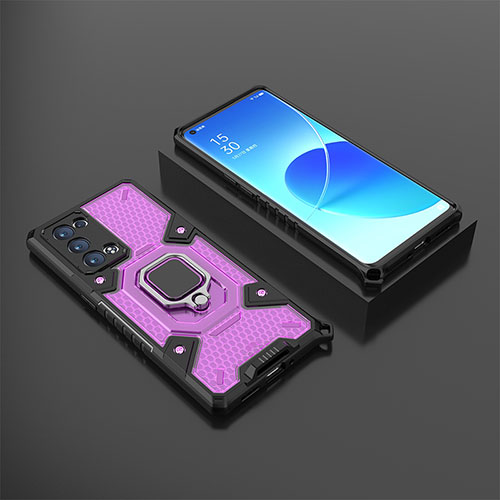 Silicone Matte Finish and Plastic Back Cover Case with Magnetic Finger Ring Stand S07 for Oppo Reno6 Pro+ Plus 5G Purple