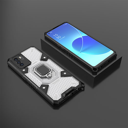 Silicone Matte Finish and Plastic Back Cover Case with Magnetic Finger Ring Stand S07 for Oppo Reno6 Z 5G Black