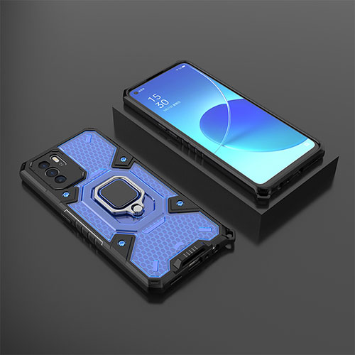 Silicone Matte Finish and Plastic Back Cover Case with Magnetic Finger Ring Stand S07 for Oppo Reno6 Z 5G Blue