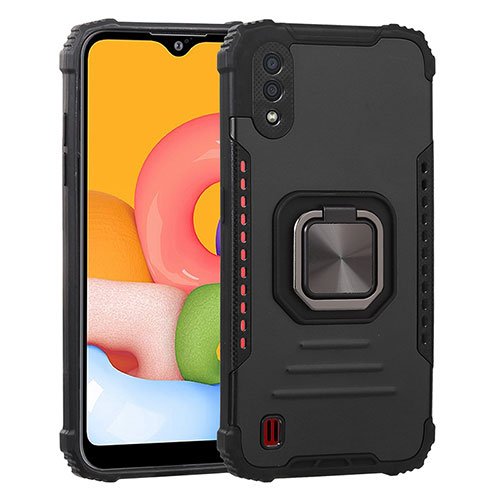 Silicone Matte Finish and Plastic Back Cover Case with Magnetic Finger Ring Stand S07 for Samsung Galaxy A01 SM-A015 Black