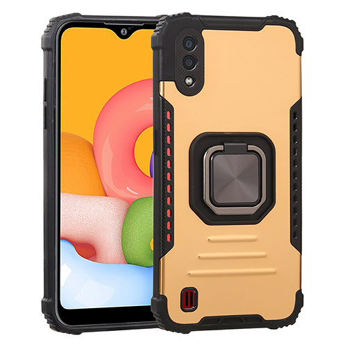Silicone Matte Finish and Plastic Back Cover Case with Magnetic Finger Ring Stand S07 for Samsung Galaxy A01 SM-A015 Gold