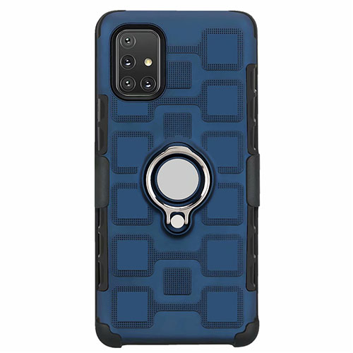 Silicone Matte Finish and Plastic Back Cover Case with Magnetic Finger Ring Stand S07 for Samsung Galaxy A71 5G Blue
